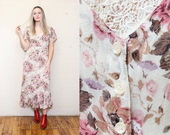 VINTAGE 80s 90s Beautiful FLORAL Pink Ivory Romantic ETHEREAL Victorian Angel Crochet Embroidered Lace Godet Skirt Dress S