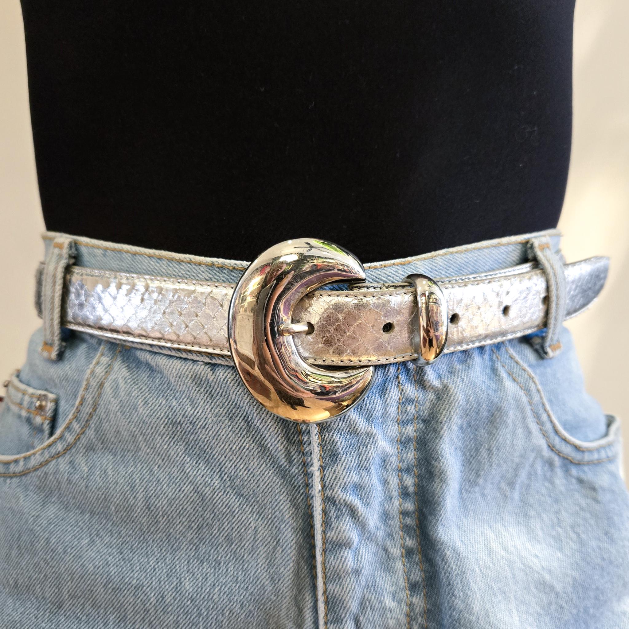 Vintage Genuine Snakeskin Silver Leaf Clasp Belt Vintage Size S Silver Pewter Genuine Snakeskin Belt Metal  main image 3