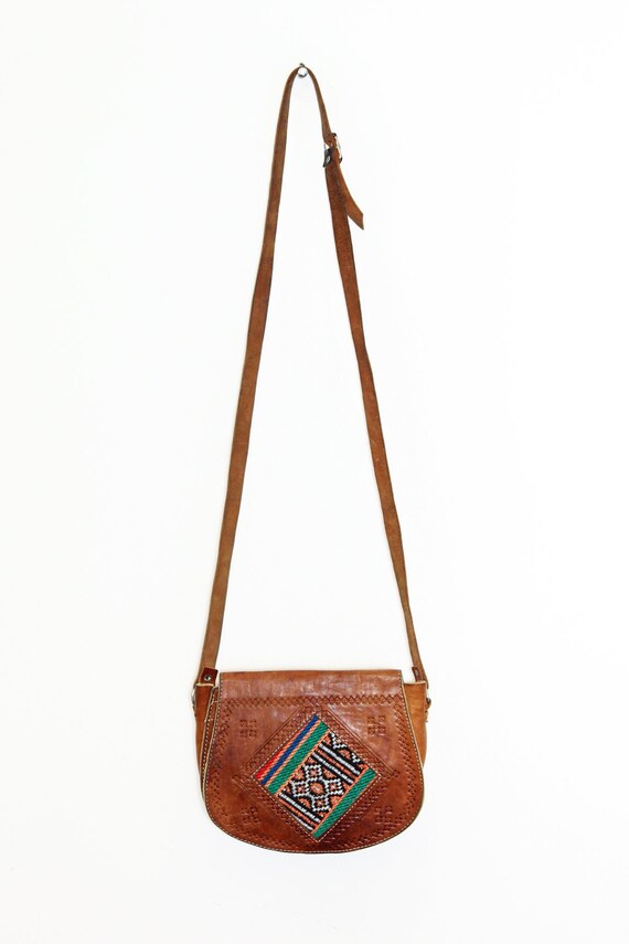 VINTAGE 70s Brown Leather Tooled Embossed Ethnic … - image 3