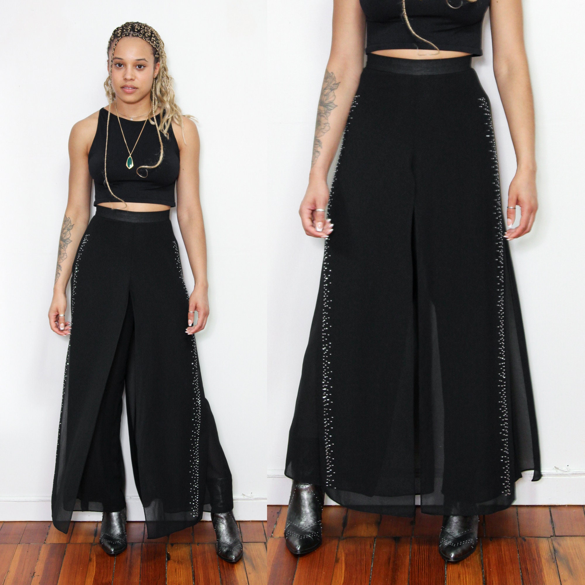 VINTAGE 90s Black SHEER CHIFFON Panel High Waist Flowy Wide Leg Palazzo Ethereal Romantic Pants Silver Gem Studded S - Etsy VINTAGE 90s Black SHEER CHIFFON Panel High Waist Flowy Wide Leg Palazzo Ethereal Romantic Pants Silver Gem Studded S - Etsy
