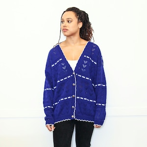 VINTAGE 80s Purpley Blue Silver Metallic Striped POINTELLE Oversized V-Neck Cardigan Sweater Ribbed || Size L or XL