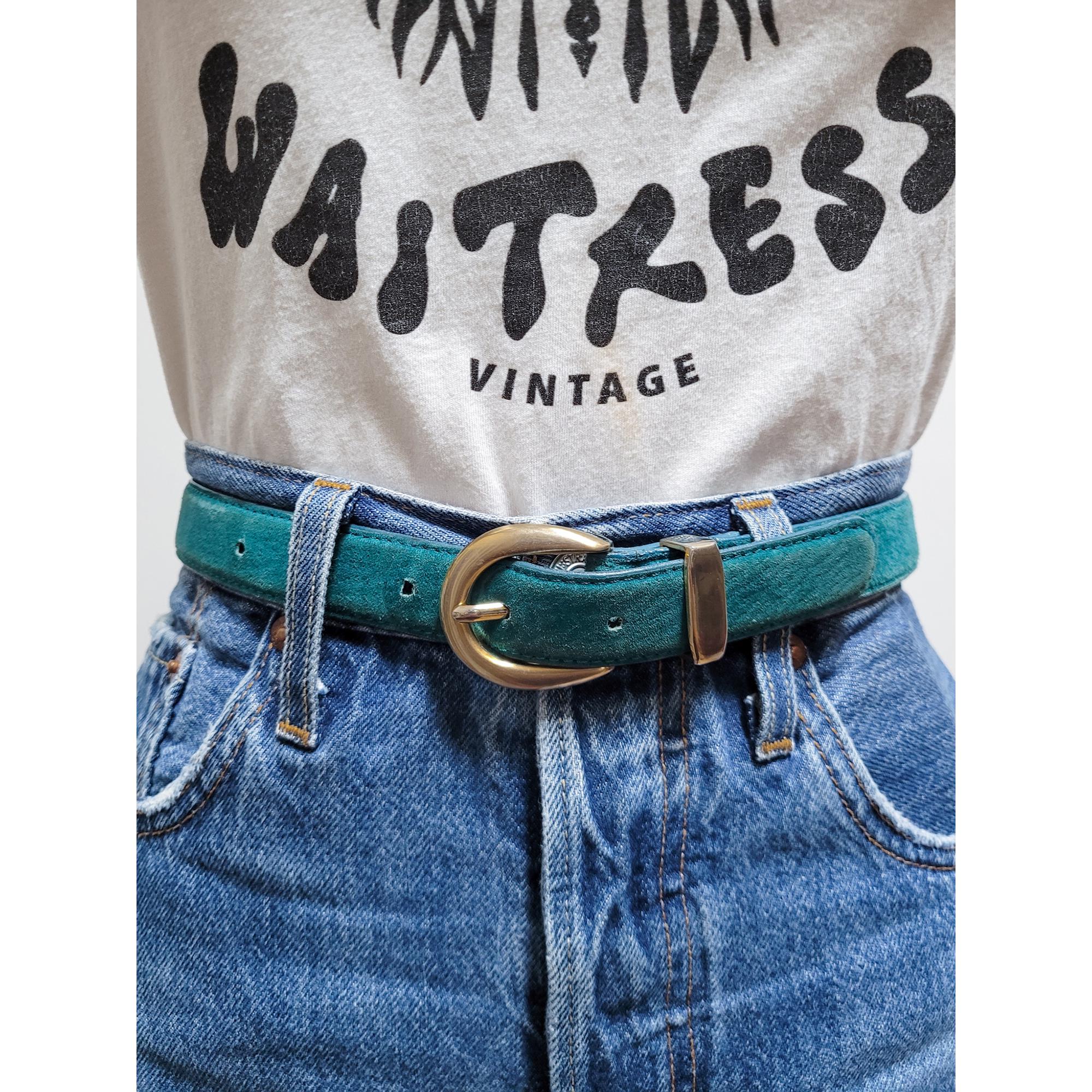 VINTAGE 80s 90s Solid TEAL Green Blue SUEDE Leather Gold  display picture 1