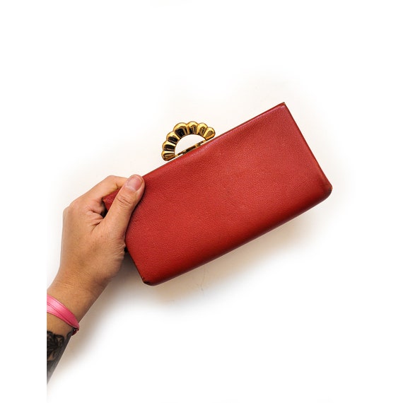 VINTAGE 70s Red Leather Wallet Clutch Metallic Go… - image 1