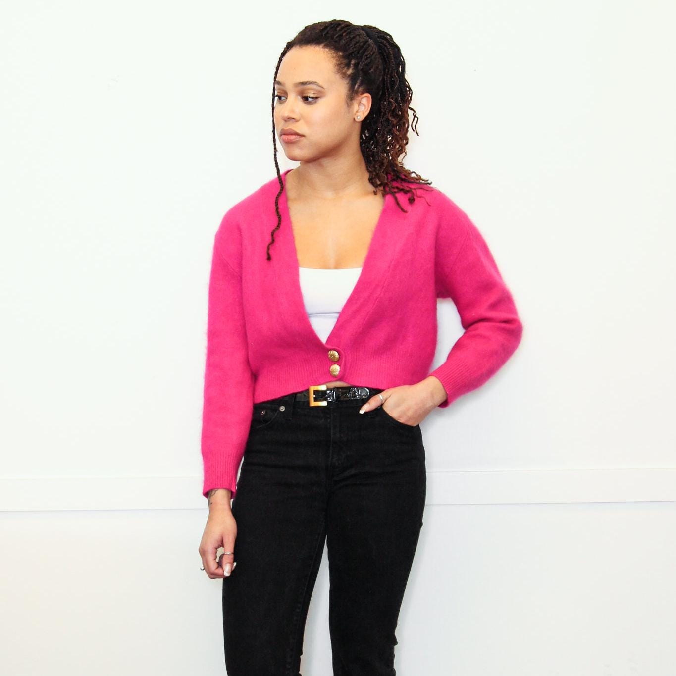 Vintage 80s Pink and Black Striped Cable Knit Cardigan With