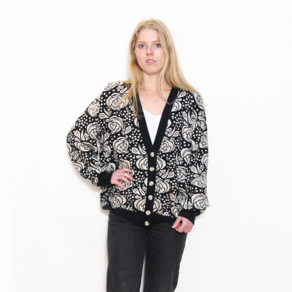 VINTAGE 80s 90s Black Beige ABSTRACT Floral Rose Button up VINTAGE 80s 90s Black Beige ABSTRACT Floral Rose Button up