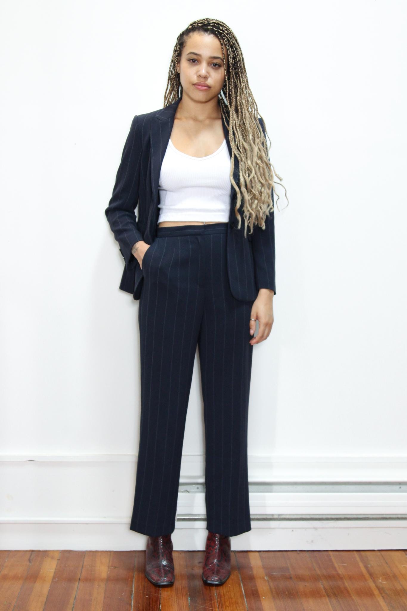 VINTAGE 90s 2000s TALBOTS Navy Blue White PINSTRIPE 2 Piece Suit 
