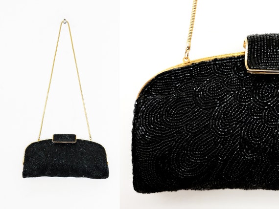 VINTAGE 80s 90s Black HEAVILY BEADED Baguette Hinge Clasp
