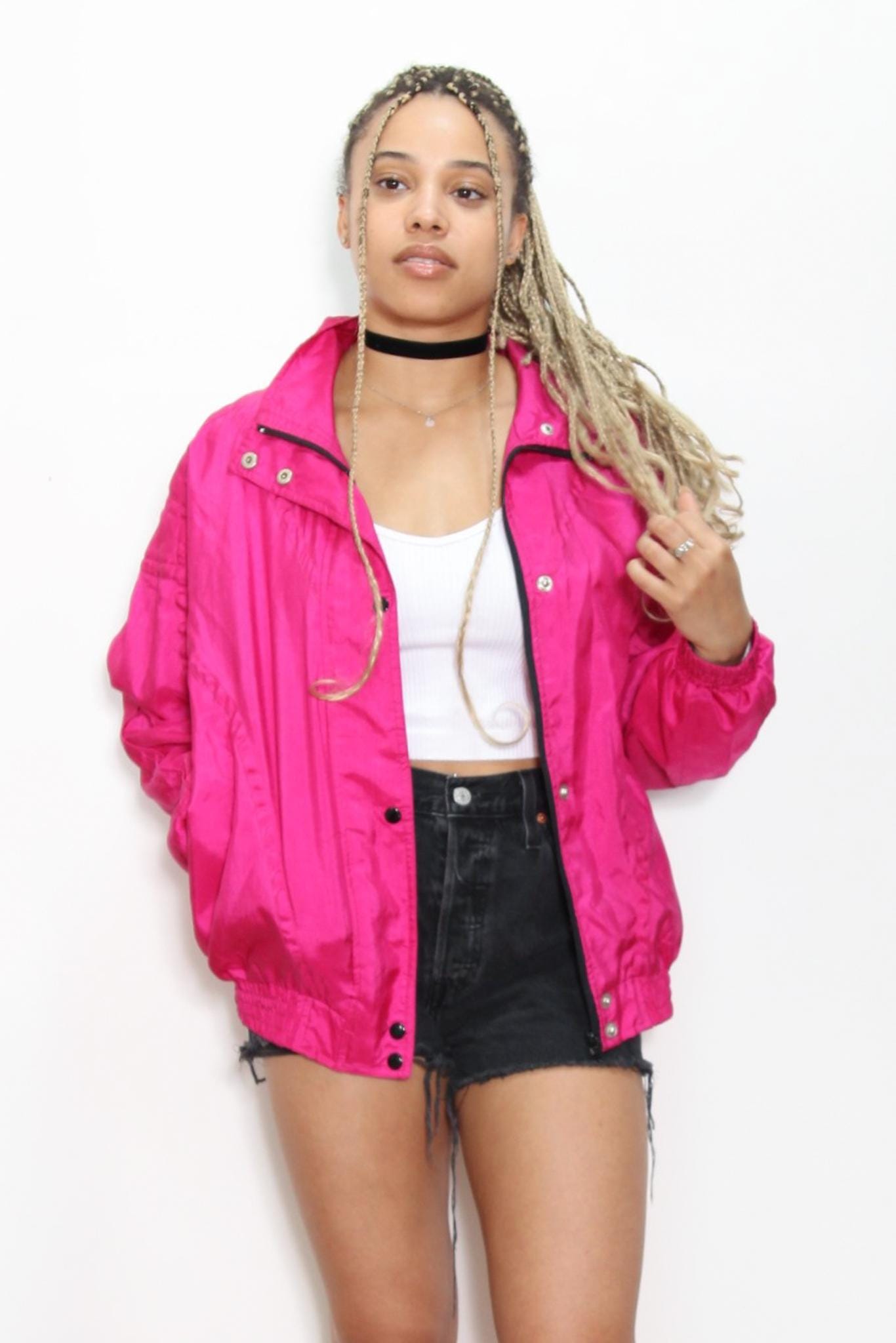 VINTAGE 80s NEON Magenta Hot PINK Zippered Button Casual 
