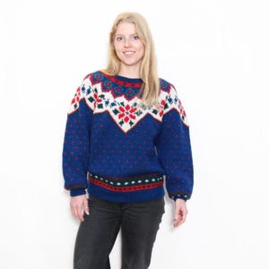 VINTAGE 80s 90s EDDIE BAUER Wool Blue Holiday Winter Fair Isles Icelandic Nordic Style Blouson Chunky Knit Cozy Sweater S