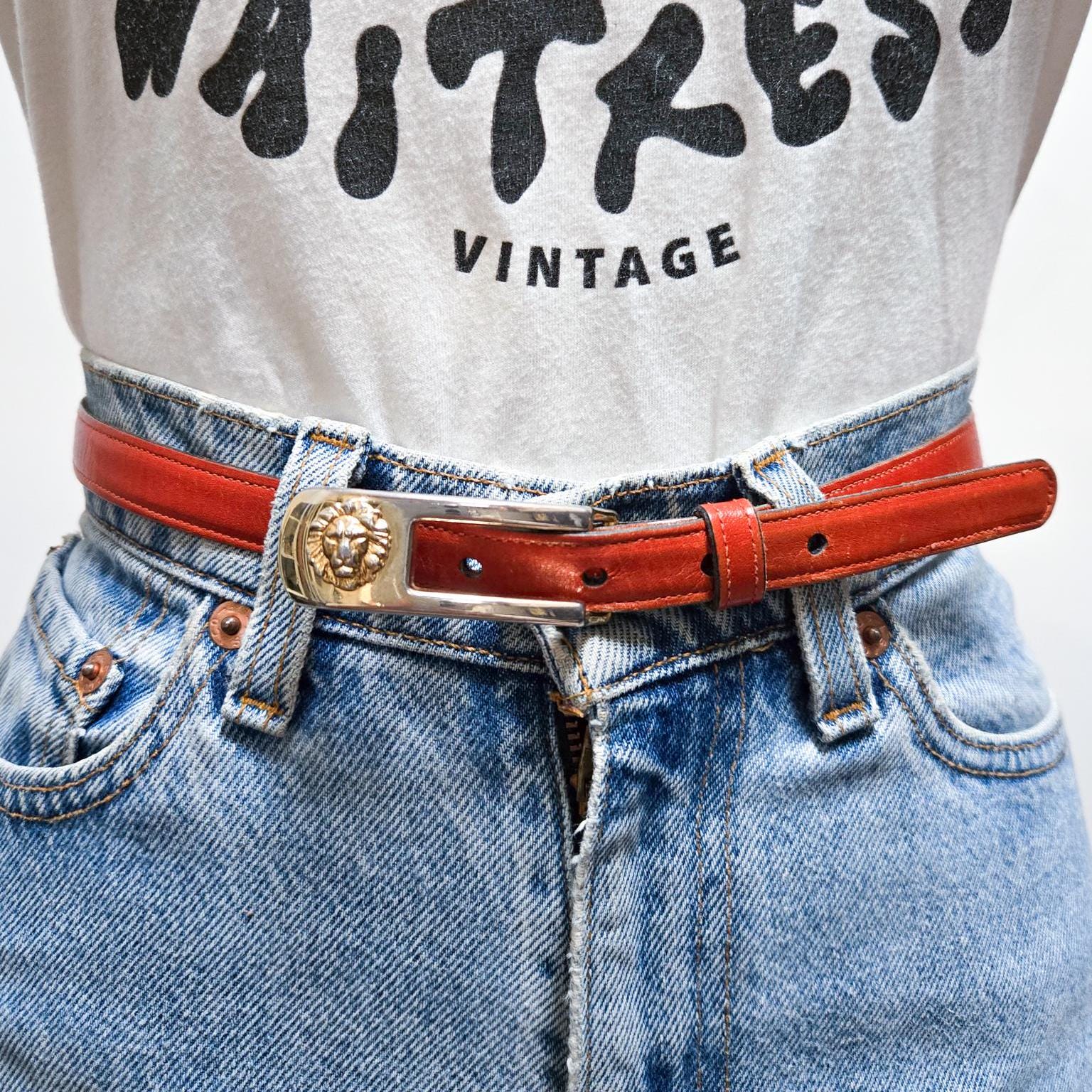 VINTAGE 80s 90s Burnt Sienna ANNE KLEIN for Lord & Taylor Skinny Leather Sculptural Embossed Lion Belt || M - 27.5 to 31"