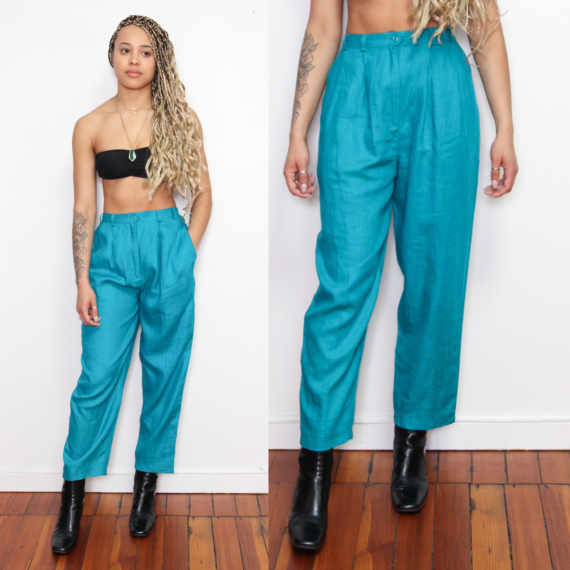 VINTAGE 80s 90s LINEN TURQUOISE Blue High Waist Flowy VINTAGE 80s 90s LINEN TURQUOISE Blue High Waist Flowy