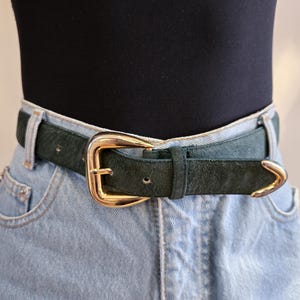 VINTAGE 80s 90s Forest Green Suede Leather Gold Trim Buckle Belt || Size M - 27.5 to 31.5&quot;