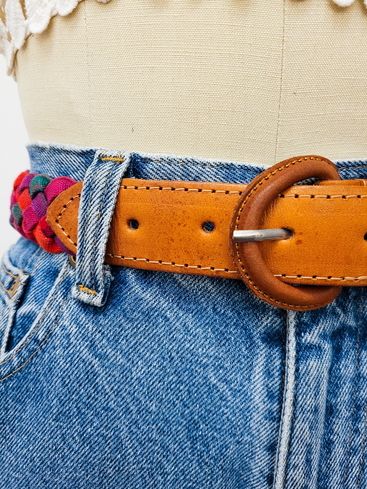 VINTAGE 90s Brown Leather Belt Colorful Multicolored Pink Woven