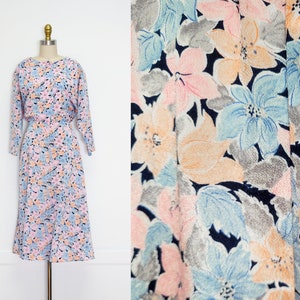 VINTAGE 80s Abstract Pastel Floral Watercolor Artsy Print Simple Midi Flowy Casual Normcore Simple Dress Size M L