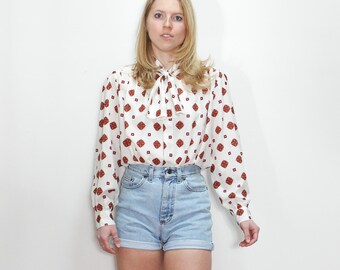 VINTAGE 80s White Red BAROQUE Floral Blouson Sleeve Pussybow Secretary Button Up Blouse Flowy Top || Size 10