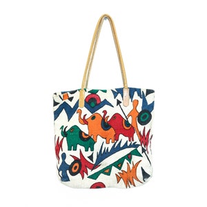 VINTAGE 70s 80s Colorful Fun ABSTRACT Animal Jungle ELEPHANT Print Cotton Canvas Leather Shopping Tote Bag Hippie Boho
