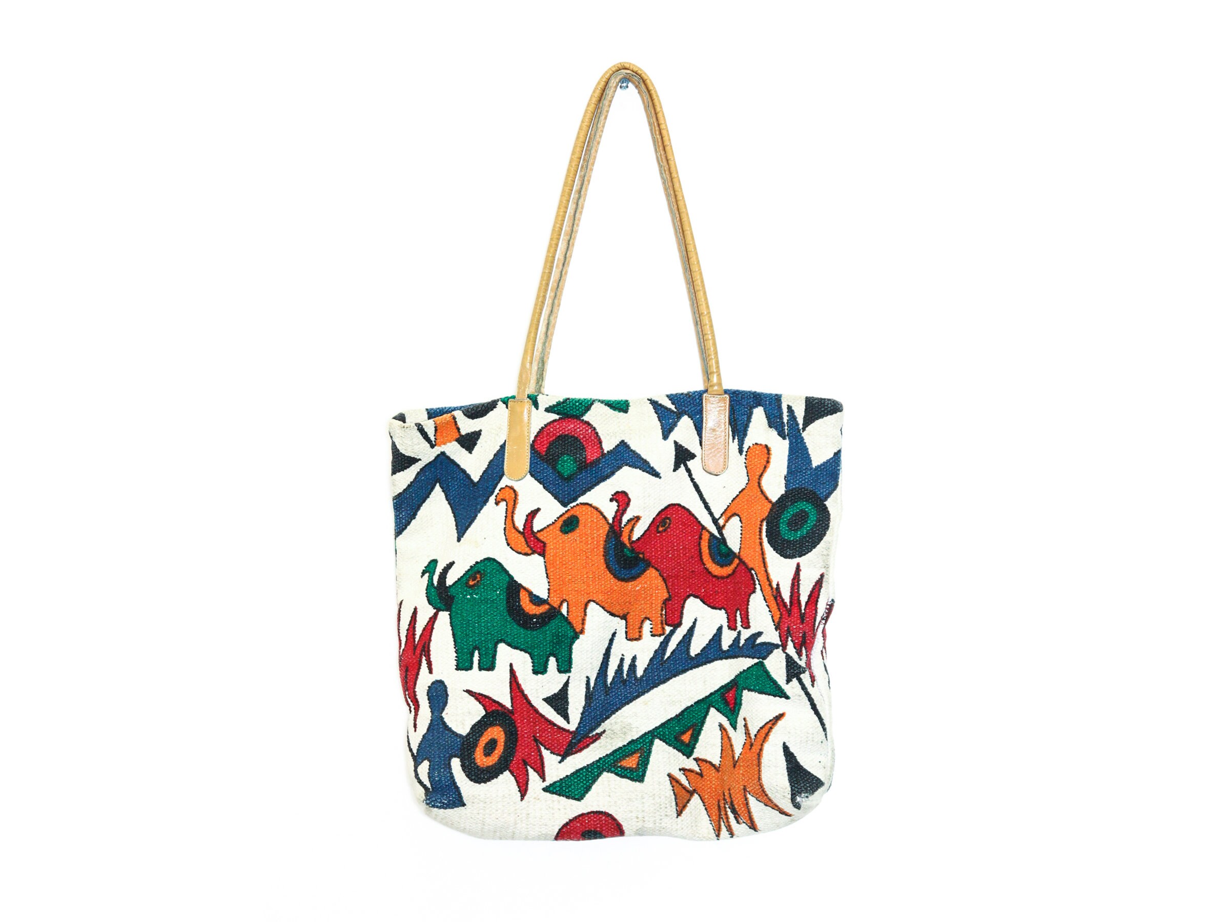 VINTAGE 70s 80s Colorful Fun ABSTRACT Animal Jungle ELEPHANT Print Cotton Canvas Leather Shopping Tote Bag Hippie Boho