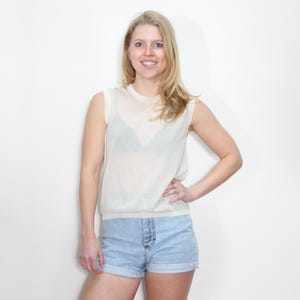 VINTAGE 90s CALVIN KLEIN Off-White Sheer Striped Sleeveless Lightweight Cotton Mix Ribbed Minimalism Blouse Camisole Top M
