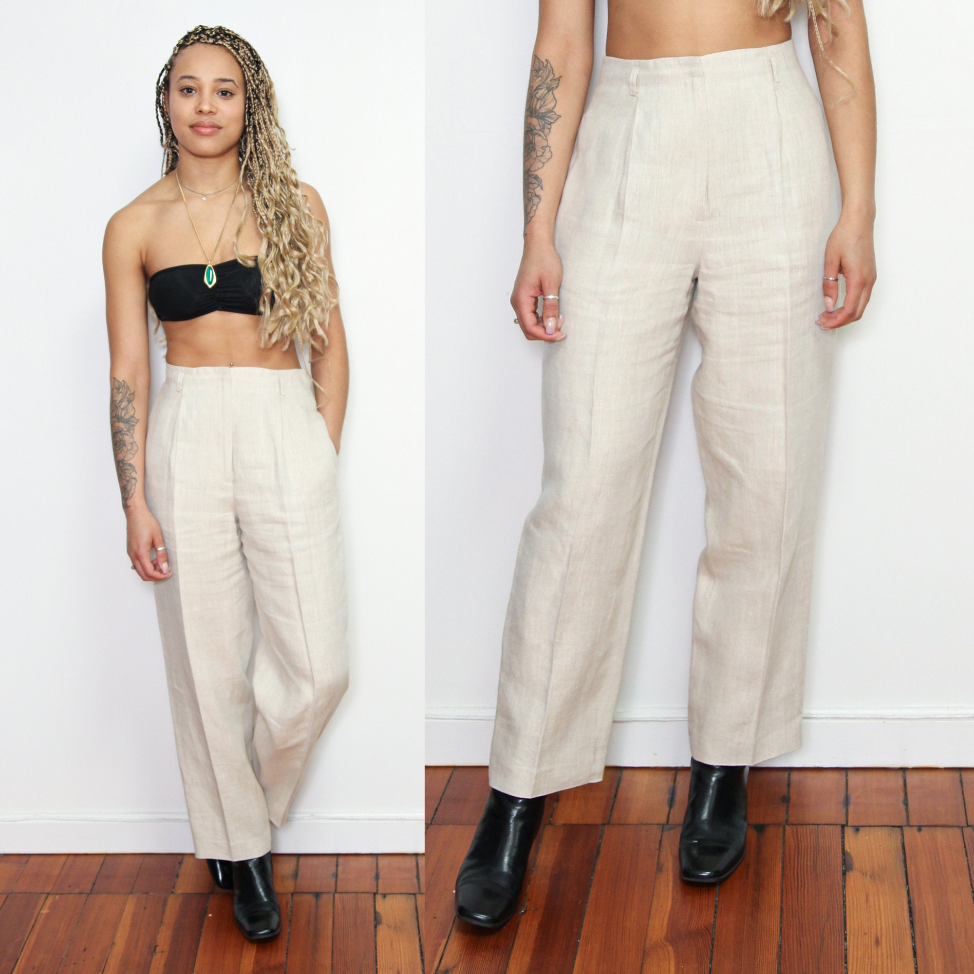 Linen Trousers Natural Beige 90’s～ Vintage 90s Natural Linen Pants Size S M | Minimal Beige