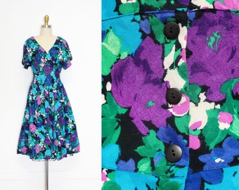 VINTAGE 80s Abstract Floral Print Artsy Dolman Style Sleeves Cummerbund Waist Button Up Streetstyle Dress S M