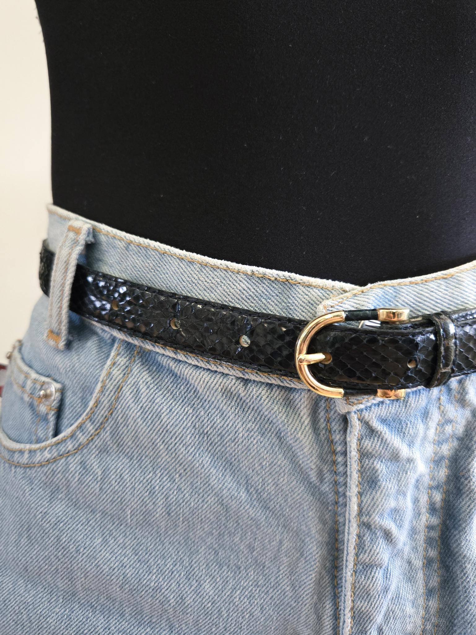 VINTAGE 80s 90s NAVY Genuine Snakeskin Leather Skinny Chic Gold
