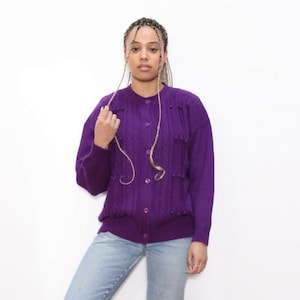 VINTAGE 80s Purple Textured POM POM Cableknit Striped Button Up Grandmothers Cardigan Knit Sweater || L