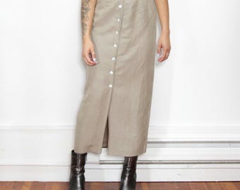 VINTAGE 90s Silk Linen BEIGE Compagnie Internationale EXPRESS Tailored Button Up High Waist Pencil Maxi Skirt || 26&quot; waist