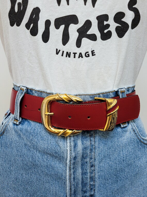 VINTAGE 80s 90s CHERRY Red Wide Leather Belt Scul… - image 3
