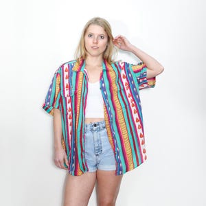 VINTAGE 80s COTTON Colorful ABSTRACT Striped Botanical Short Sleeve Button Up Forelli Oversized Shirt || Size 18/20 xl