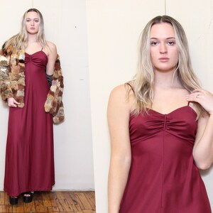 VINTAGE 60s 70s BOURGONDI kastanjebruine buste met ruches Empire taille godin romantische etherische boho hippie boho volumineuze uitlopende rok maxi-jurk S