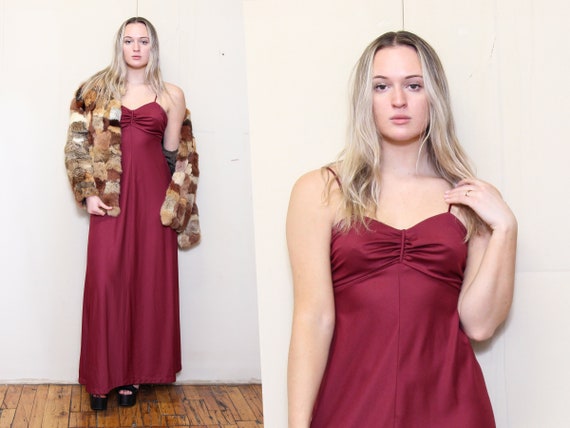 Vintage 60s 70s Burgundy Maroon Ruched Bust Empire Waist Goddess Romantic Ethereal Bohemian Hippie Boho Voluminous Flared Skirt Maxi Dress S