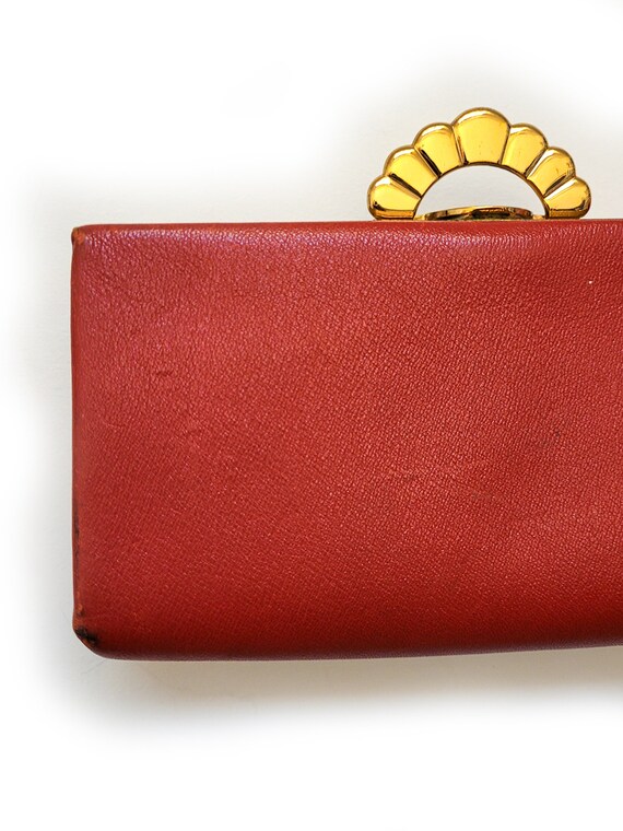 VINTAGE 70s Red Leather Wallet Clutch Metallic Go… - image 5