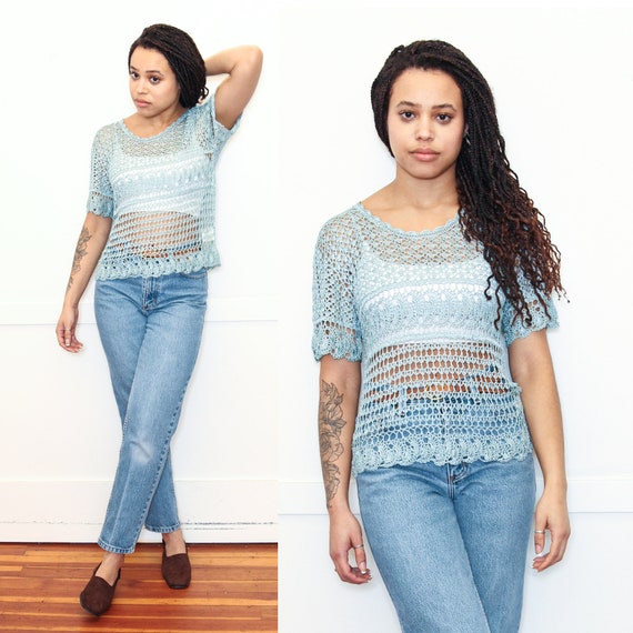 VINTAGE 90s Light Teal Powder Blue SHEER CROCHET … - image 1