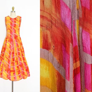 VINTAGE 90s Orange Pink  ABSTRACT Paint Print Gauzey Flowy  Tie Dye Style Sleeveless Voluminous Pleated Midi Dress M or L