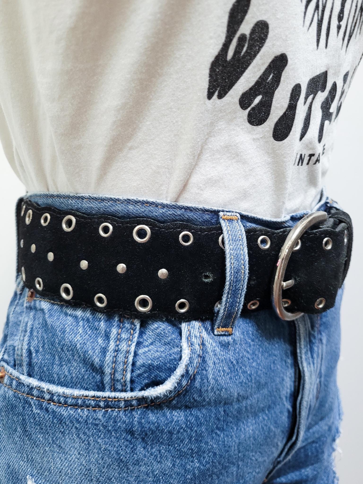 VINTAGE 90s JUMBO Black SUEDE Leather Silver Studded