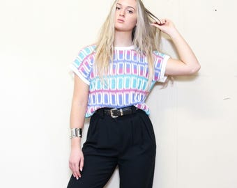 VINTAGE 80s PASTEL Abstract Arty COLORBLOCK geometric shapes Retro Weekend at Bernie Vibes Cap Sleeve Sweater Size S M L