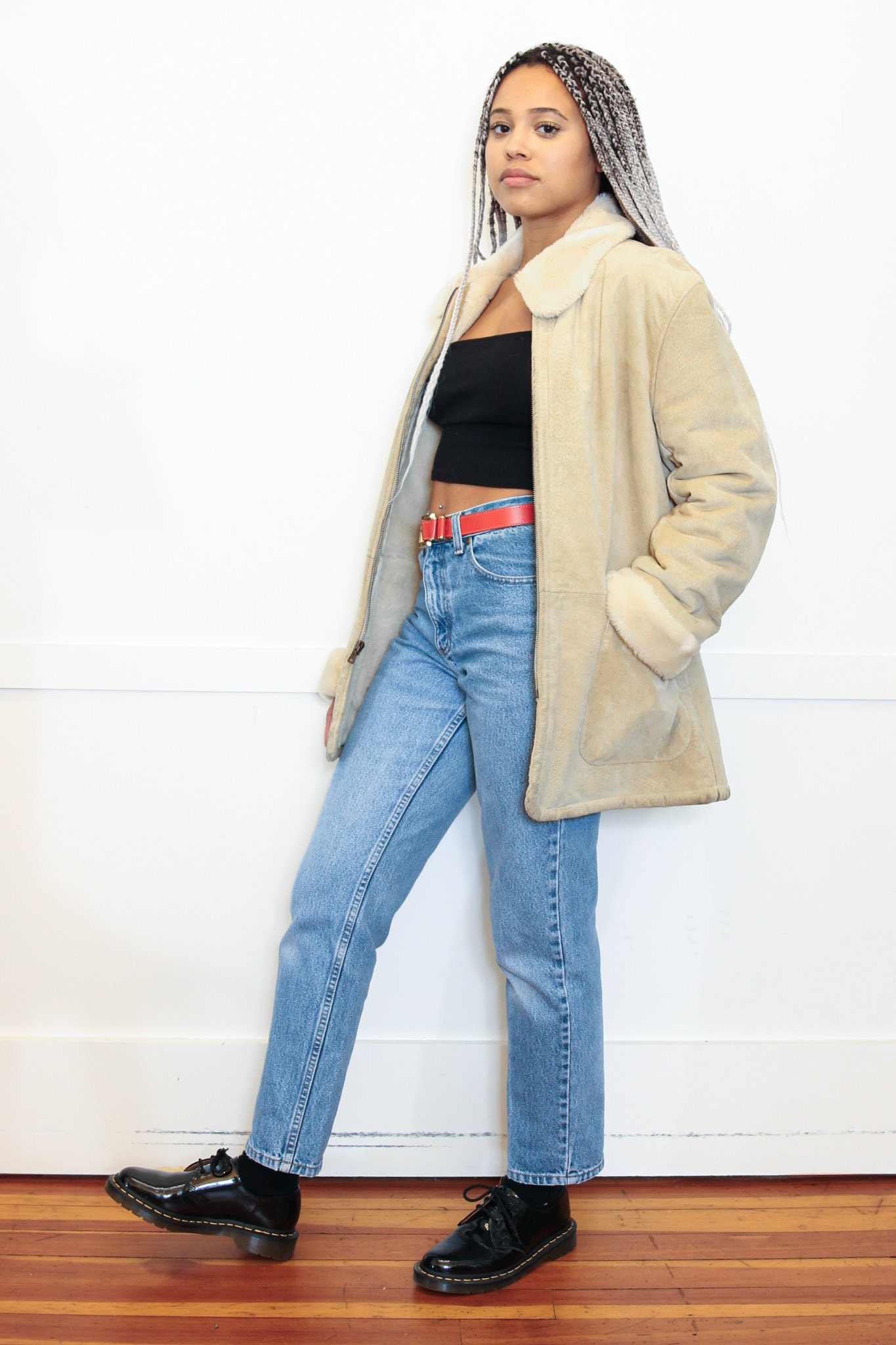 VINTAGE 80s 90s Beige Cream Suede Leather SHEARLING Style Jacket
