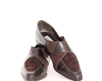 VINTAGE 80s Dark Brown Leather Elasticated Pointy Toe Flats Slippers Oxfords Loafers Normcore Streetstyle Shoes Size 7 M