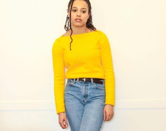 Suéter de punto de algodón de manga larga con cuello barco, color amarillo CALÉNDULA, estilo años 90, estilo minimalista y sencillo // Talla S