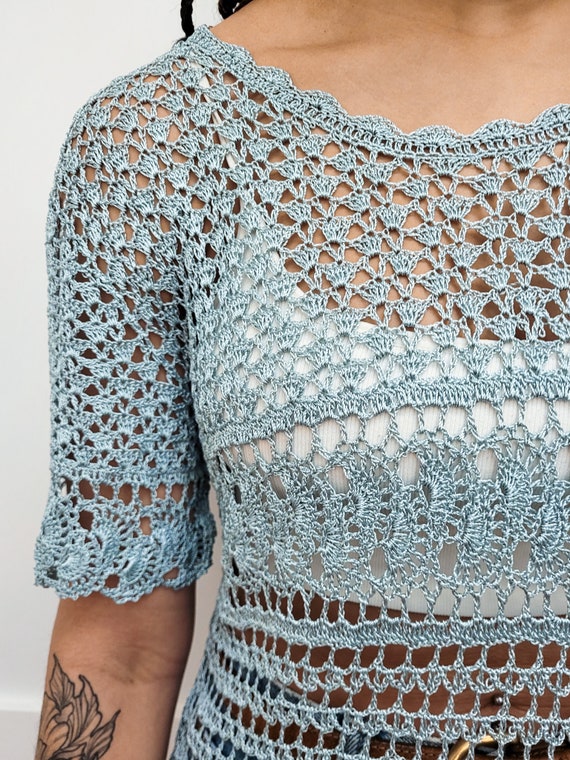 VINTAGE 90s Light Teal Powder Blue SHEER CROCHET … - image 9