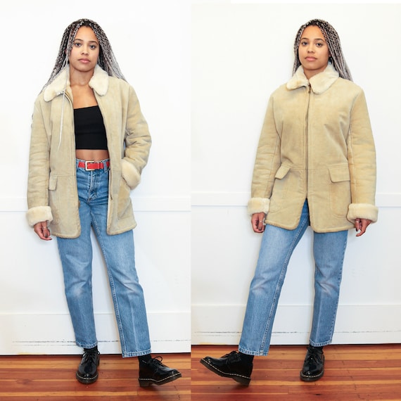 VINTAGE 80s 90s Beige Cream Suede Leather SHEARLING Style