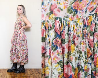 VINTAGE 80s 90s Abstract Floral Watercolor GRUNGE Streetstyle GAUZE Semi Sheer Dropwaist Crinkley Maxi Dress Sleeveless M