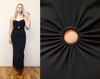 VINTAGE 80s 90s Aesthetic Black Ruched KEYHOLE Bust Exposed Criss Cross Simple Plain Fitted Bandage Bodycon Maxi Dress S M