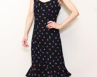 VINTAGE 90s  Black Multi Colored Rainbow FLORAL Grunge Midi Cute Babydoll Empire Waist Ruffled Trumpet Skirt Dress