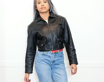 VINTAGE 80s Black Cropped LEATHER Moto Exposed Beige Stitching Jacket || Grunge Rocker Chic Minimalist || Size S