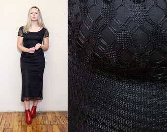 VINTAGE 90s Black Sheer Crochet EMBROIDERED Lace Witchy Goth Short Sleeve Aesthetic Midi A Line Empire Waist Dress Streetstyle Grunge S M