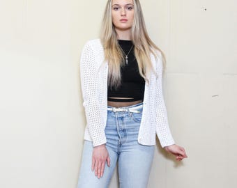 VINTAGE 80s 90s Hand Knit Crochet Embroidered Cotton Designer Lauren by RALPH LAUREN Sheer   Cardigan Sweater Jacket S or M