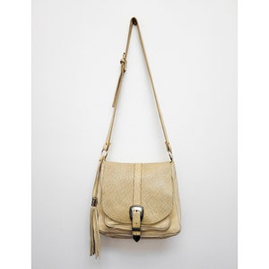 VINTAGE 2000s Y2k PALE YELLOW Nubuck Leather Hippie Boho Satchel Woven Tassel Fringe Slouchy Western Bag Purse