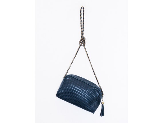 VINTAGE 80s Navy Blue Buttery Soft Leather Mini Diamond Quilted 