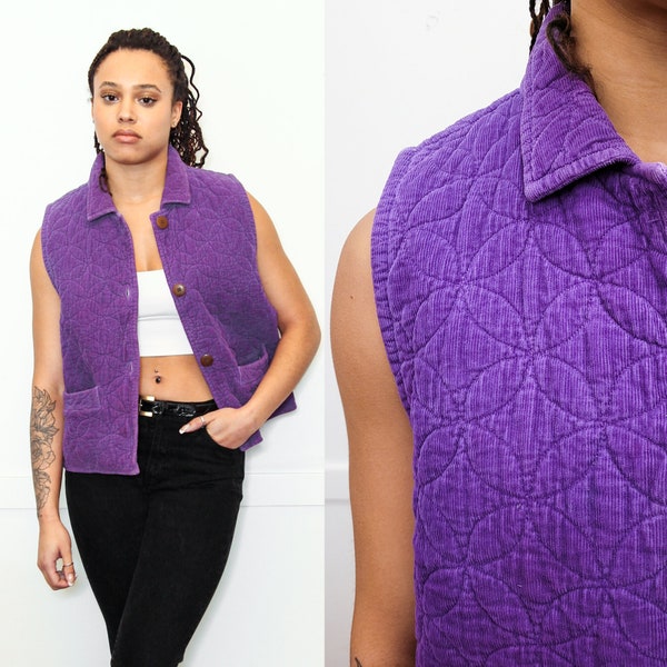 VINTAGE 80s 90s PURPLE Corduroy EMBROIDERED Stitched Quilt Pattern Boxcut Sleeveless Puff Vest Jacket || Size M